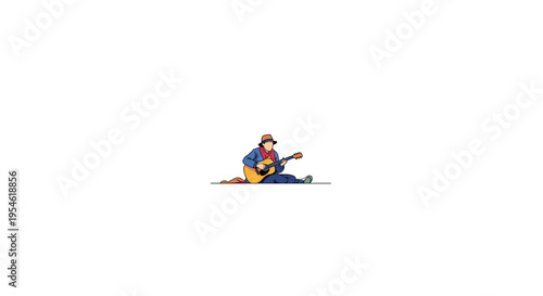 A stylized figure wearing a hat and blue jacket sits on a brown blanket, playing an acoustic guitar against a plain white background.