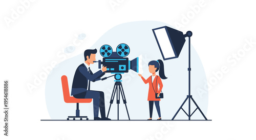 A male cameraman films a young girl with a vintage camera and softbox light against a light blue and white background.
