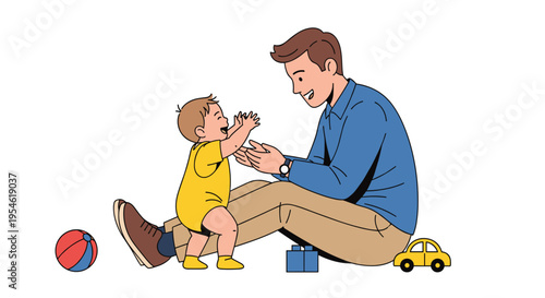 A smiling man claps for a happy baby taking its first steps towards him, surrounded by toys on a white background.