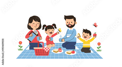 A family of four enjoys a picnic on a checkered blanket with food and butterflies on a white background.