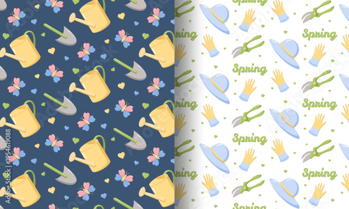 Split seamless spring design left side with watering cans, shovels, butterflies, and hearts on dark blue background right side with sun hats, gloves, shears, hearts, and Spring text on white