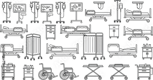 Hospital medical equipment vector icon set featuring patient beds, wheelchairs, monitors, IV stands, stretchers, and clinic furniture for healthcare design
