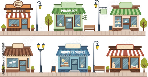 Small business storefront vector set featuring bakery pharmacy grocery store and cafe buildings on city street with sidewalk lamps
