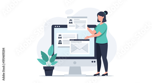 A woman interacts with multiple email and profile windows floating around a large desktop monitor next to a potted plant.