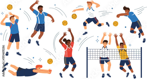 Flat vector illustration set of diverse volleyball players performing dynamic sports actions like spiking diving and serving on court