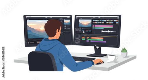 A person in a blue hoodie works on two large monitors displaying video editing software with a keyboard and mouse on a white desk.