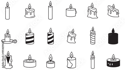 Candles icon set with diverse styles including dripping wax, striped patterns, and solid black fill illustrations.
