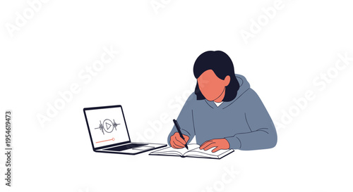 A person in a blue hoodie sits at a desk, writing in an open notebook with a pen next to a laptop displaying a video player.