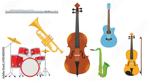 A collection of various musical instruments, including a flute, trumpet, drum kit, cello, guitar, saxophone, and violin, is arranged on a white background.