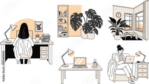 Minimalist line art vector set of a woman working from home at a desk with plants and cozy office interior