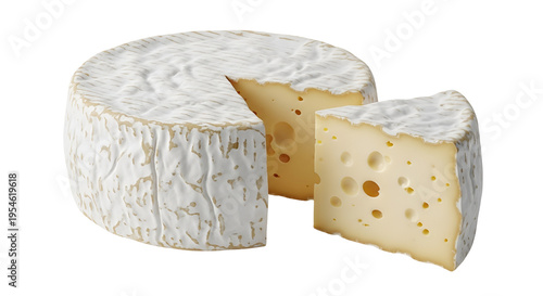 Brie cheese wheel and slice on black background white rind