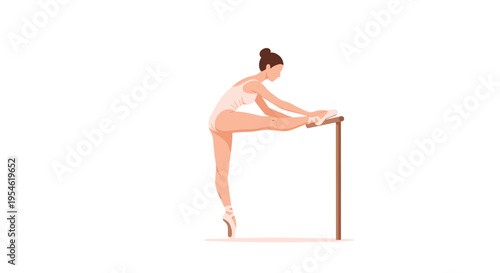 A slender ballerina in a light pink leotard and pointe shoes stretches her leg on a wooden barre against a plain white background.