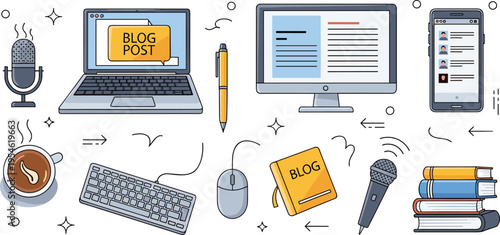 Digital content creation and blogging vector illustration set featuring laptop computer microphone smartphone coffee and notebook for social media marketing
