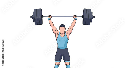 A muscular man in a light blue tank top and dark shorts performs an overhead barbell lift with a heavy weight against a plain white background.