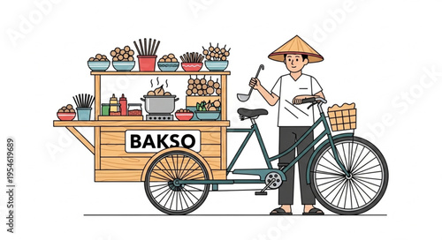 Indonesian Bakso Seller with Bicycle Cart Ready to Serve Delicious Noodles.