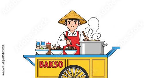 Indonesian Bakso Seller with Cart and Traditional Hat Serving Delicious Food.