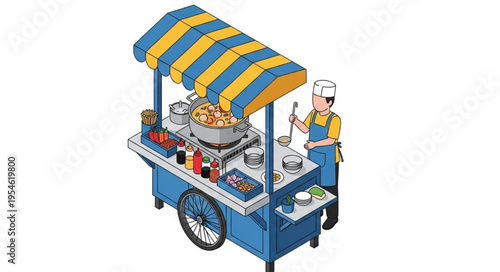 Colorful food cart with vendor selling snacks and treats on the street.