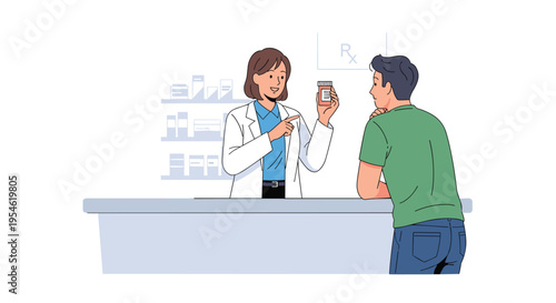 A female pharmacist shows a medicine bottle to a male customer leaning on a counter in a pharmacy setting.