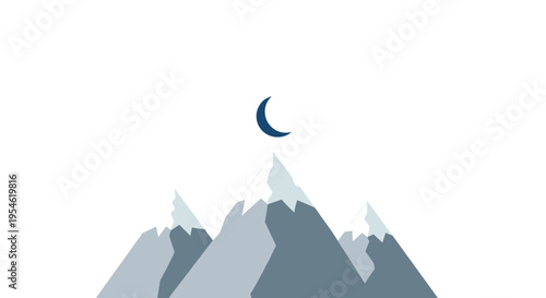 Three snow-capped mountains with a crescent moon above are depicted on a plain white background.