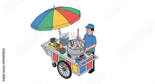 Colorful street vendor selling snacks under a vibrant umbrella on wheels.