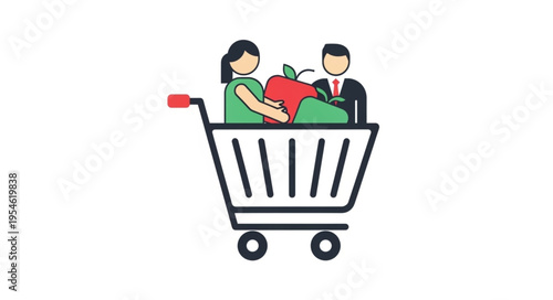 Couple in a shopping cart filled with groceries, ready for checkout at the store.