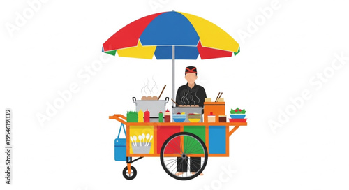 Colorful street food vendor selling delicious meals under a vibrant umbrella.