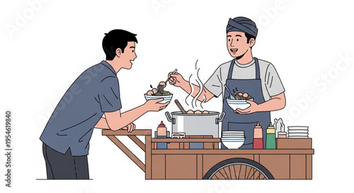 Customer buying food from a street vendor, enjoying the delicious meal.