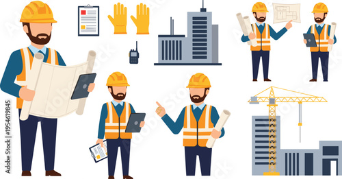 Construction engineer and architect character set with safety gear blueprints crane and building vector illustrations for industrial project management