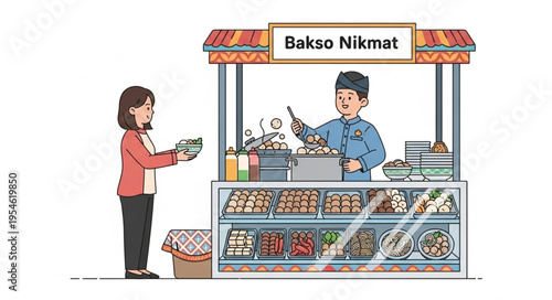 Customer buying food from a street vendor, a culinary experience.