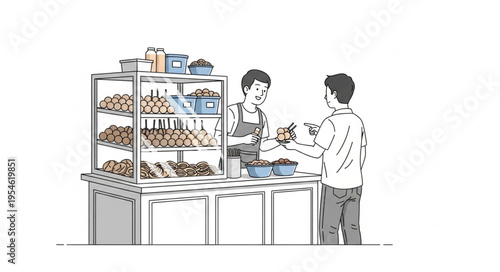 Customer and vendor interacting at a food stall, purchasing items, and making a transaction.