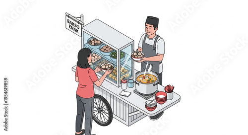 Customer interacting with vendor at a street food cart, purchasing snacks.