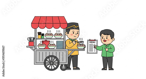 Customer ordering food from a street vendor, holding a menu and pointing.