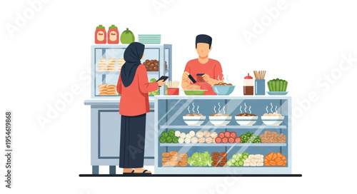 Customer ordering food at a street food stall, interacting with the vendor.