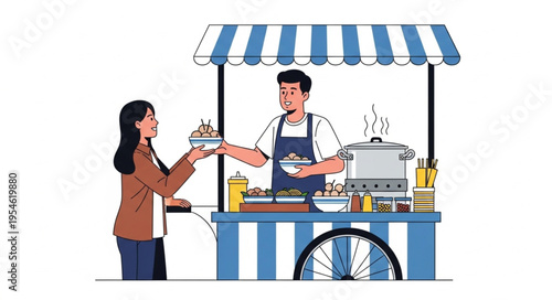 Customer purchasing food from a street vendor at a food cart.