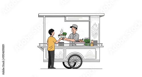 Customer purchasing produce from a vendor at a street food cart, illustration.