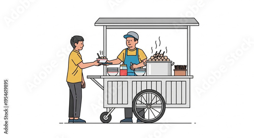 Customer purchasing food from a street vendor at a food cart, outdoor scene.
