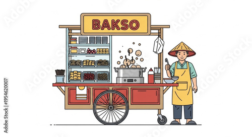 Illustration of a Bakso food cart with a vendor, showcasing Indonesian street food culture.