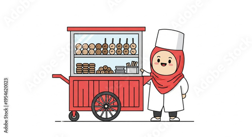 Illustration of a Muslim food vendor with a red cart and various treats.