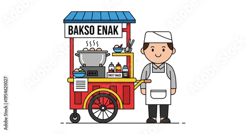 Illustration of a Bakso Enak food cart with a smiling vendor ready to serve delicious meatballs.