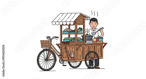 Illustration of a street vendor selling food from a bicycle cart with awning.