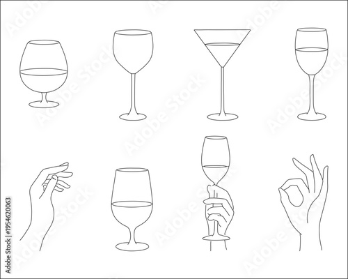 Minimalist Wine Glass Line Art Set with Hand Gestures Vector Illustration