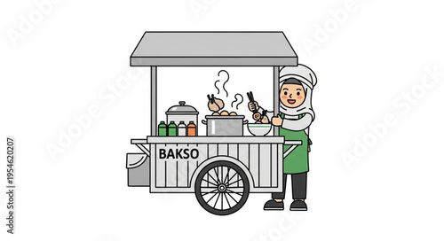 Indonesian Bakso Cart - A Culinary Delight with a Smiling Vendor.