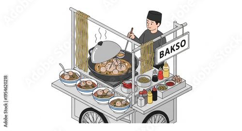 Indonesian Bakso Cart - A Culinary Scene Depicting Street Food Culture.
