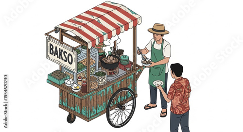 Indonesian Bakso Cart - A Culinary Scene of Street Food and Commerce.
