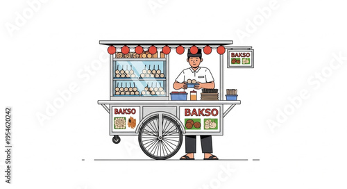 Indonesian Bakso Cart - A Street Food Vendor Serving Delicious Meatball Soup.
