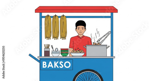 Indonesian Bakso Cart - A Smiling Vendor Serving Delicious Meatball Soup.