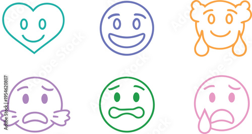 A set of six colorful emoticon faces and a heart