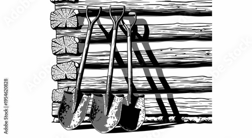 Three Shovels Leaning Against a Log Cabin Wall, Rustic Outdoor Scene