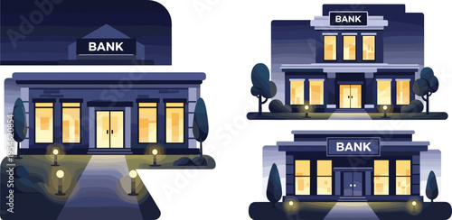 Bank building at night set with glowing windows street lights and corporate office exterior architecture in flat vector style