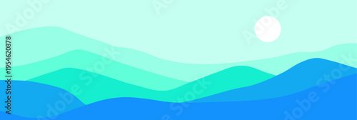 Abstract landscape poster. Nature wall decor contemporary art print, mid century mountain background, blue green hills vector illustration